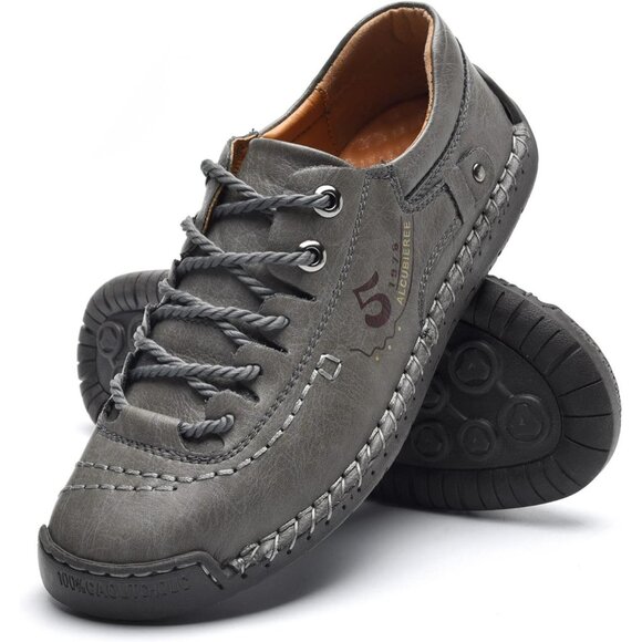 Alcubieree Men Grey Leather Casual Fashion Loafer Driving Rubber Sole Sneakers - Picture 1 of 8